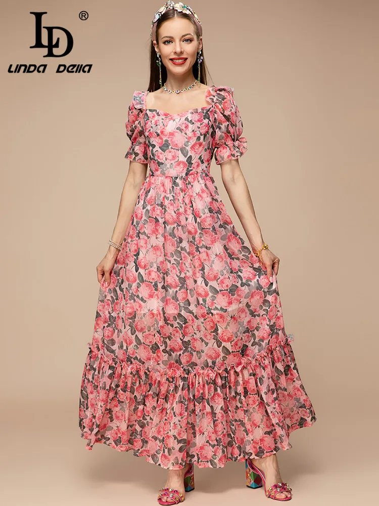 LD LINDA DELLA New 2023 Summer Fashion Women Vintage Elegant Big Swing Dress Sexy Square Collar Slim Floral Print Dress