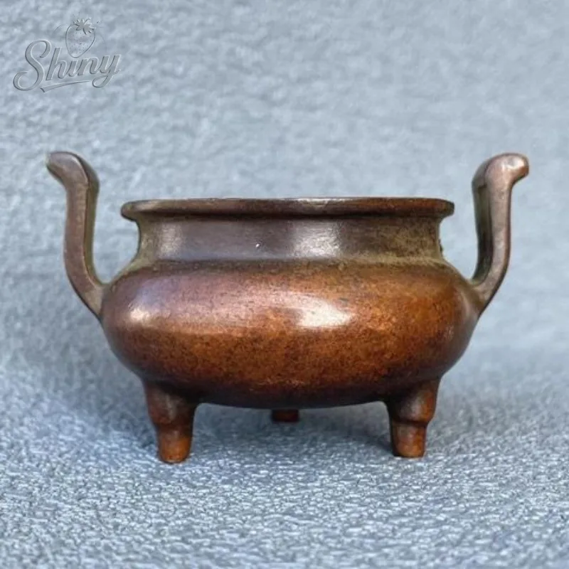 Ancient Copper Incense Burner Ornament with Old Patina and Xuan Characters Small Double-eared Incense Burner Ornament