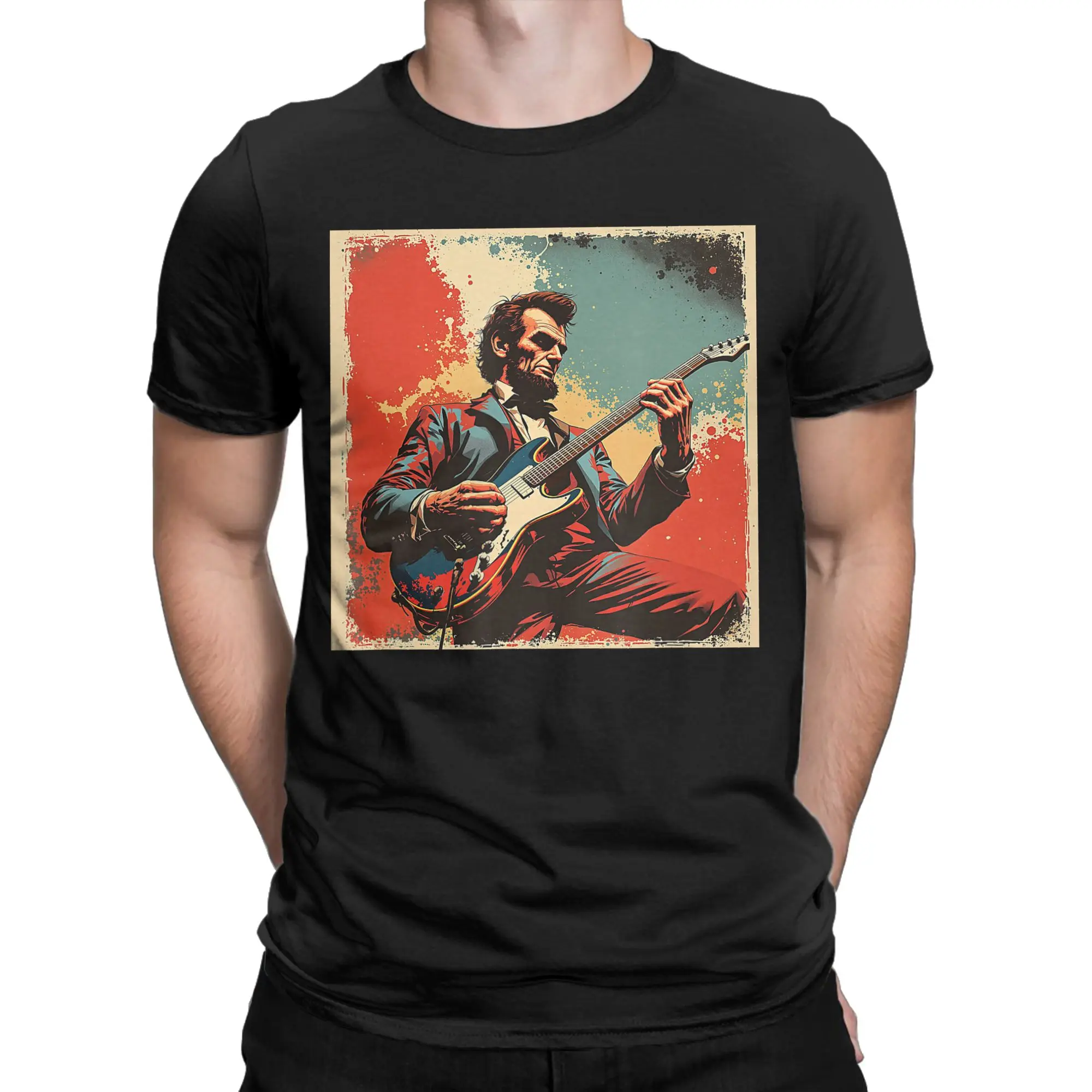 President Abraham Lincoln Abe Lincoln Playing Guitar Men's T Shirts  Humor Tee Shirt Short Sleeve T-Shirts Cotton Gift Idea Tops