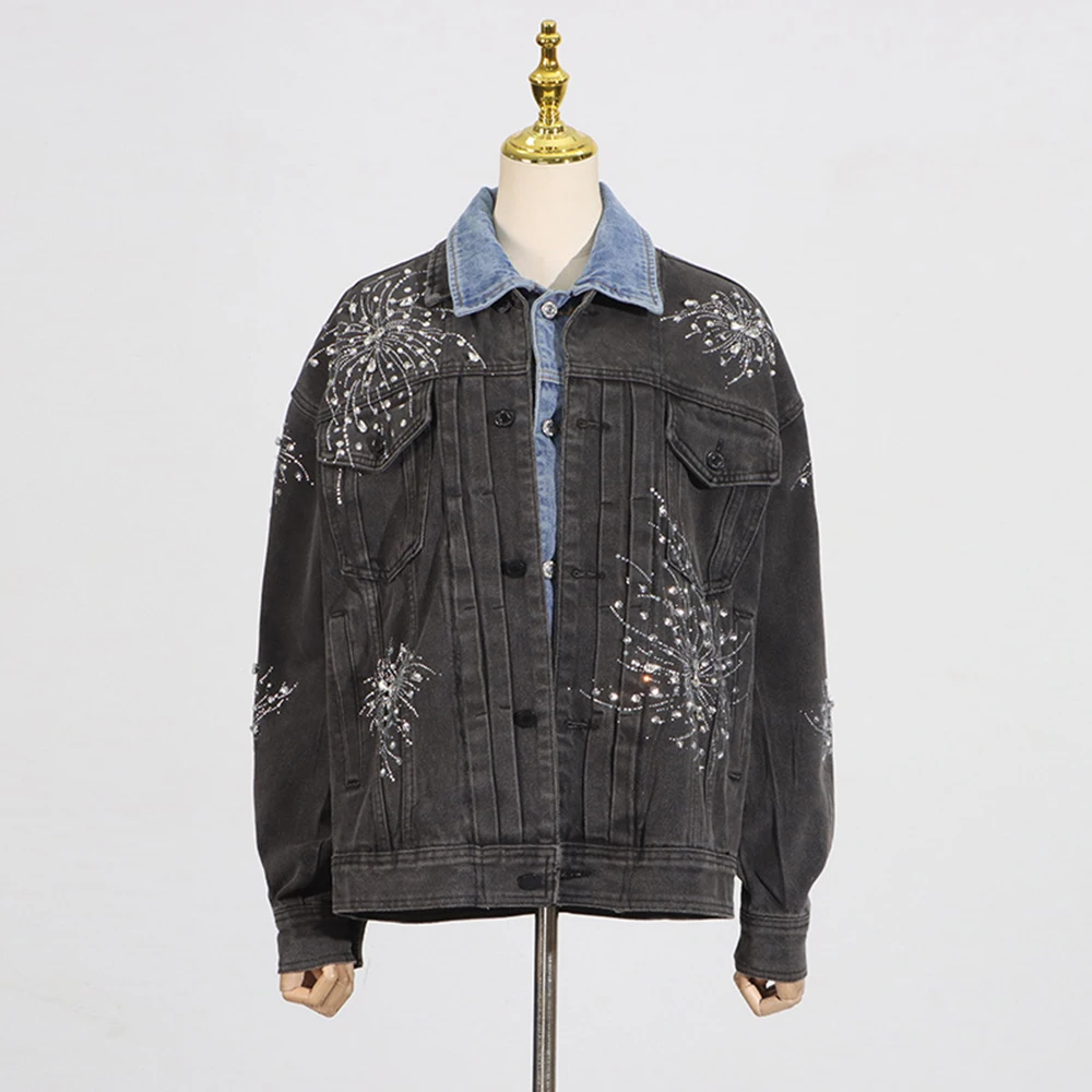 TWOTWINSTYLE Hit Color Cowboy Spliced Printing Jackets for Women Lapel Long Sleeves Patchwork Single Breasted Jacket Female New