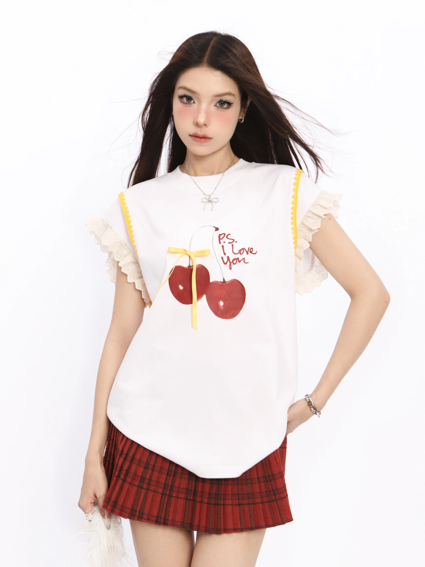 

Summer Cherry Flavor Spicy Girl ort Sve T-irt Lace Patchwork Wing Sve Women's Faion Top round Ne Casual Fit