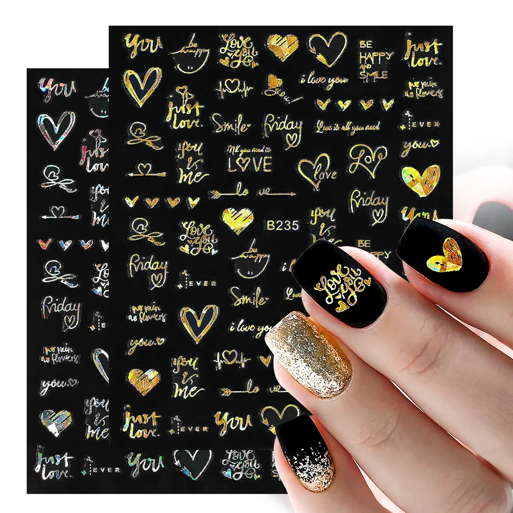 Pegatina de uñas de corazón de amor, láser 3D, oro, plata, patrón de letras en inglés, decoración de Arte de uñas autoadhesiva para el Día de San Valentín, 1 unidad, # NLS234