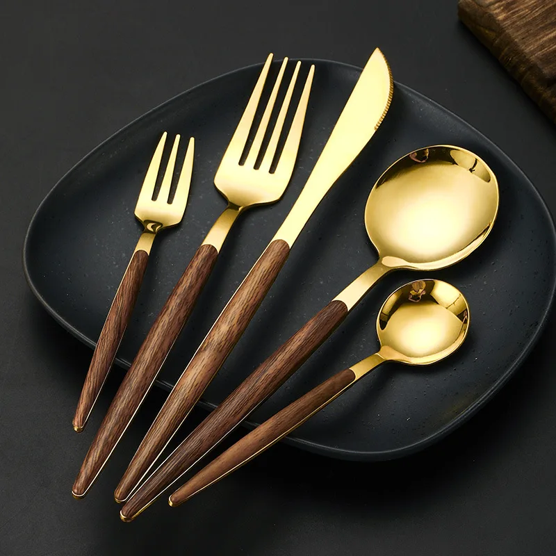 Home Dinnerware Stainless Steel Knife Fork Spoon Mirror Silver Golden Wooden Handle Dishwasher Kitchen Western Flatware