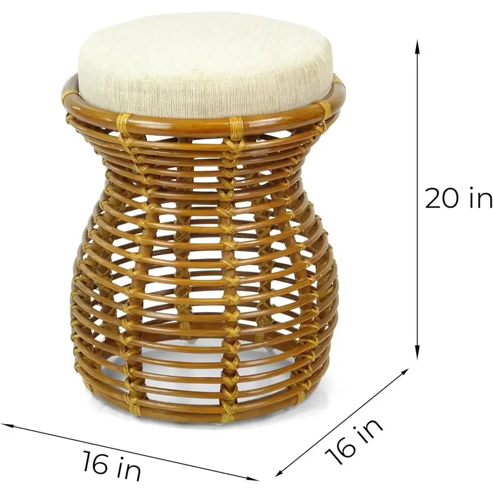 Handcrafted Natural Rattan Wicker Ottoman, Assembled for Bedroom, Colonial-Style Vanity Stool