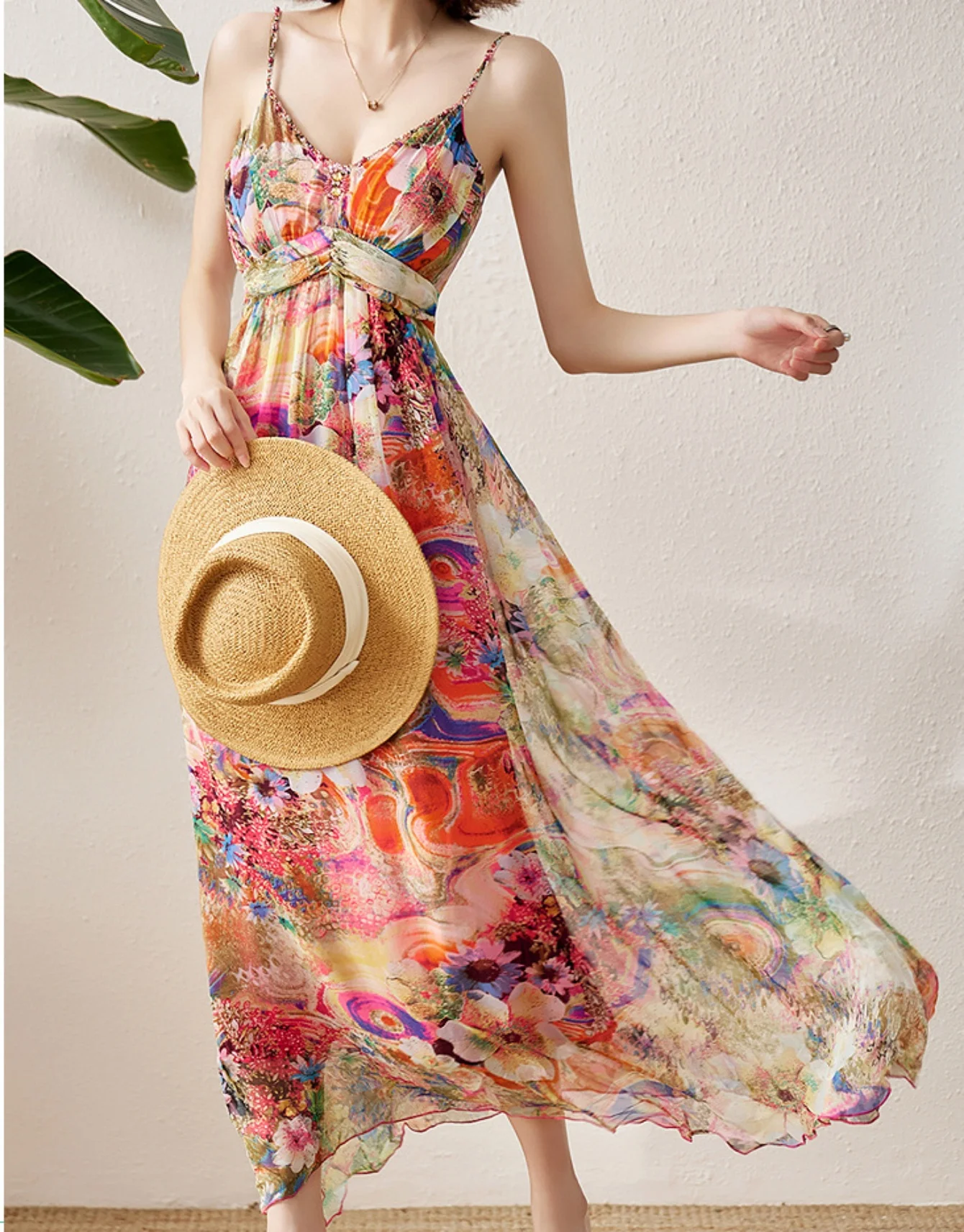 100% Real Silk Summer Dresses for Women 2026 Elegant Fashion V-neck Three Quarter Sleeve Vintage Print Woman Holiday Long Dress