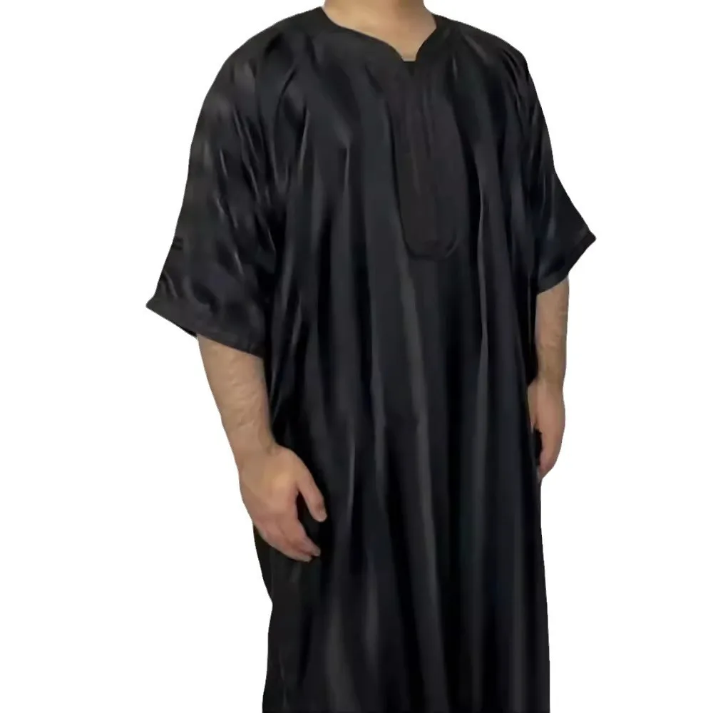 2025 New Hot Sale! Black Loose Casual Muslim Men's Robe, Middle Eastern Embroidery Middle Eastern Style Robe