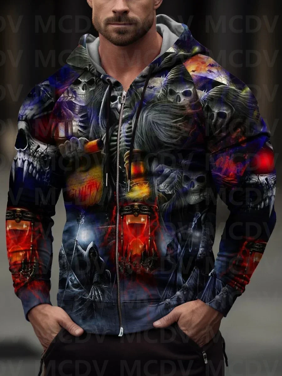 Men's AIO Pride Fantasy Guilty Skull 3D Casual Print Leaf Zip-Up Hoodie Halloween Zipper Hoodies