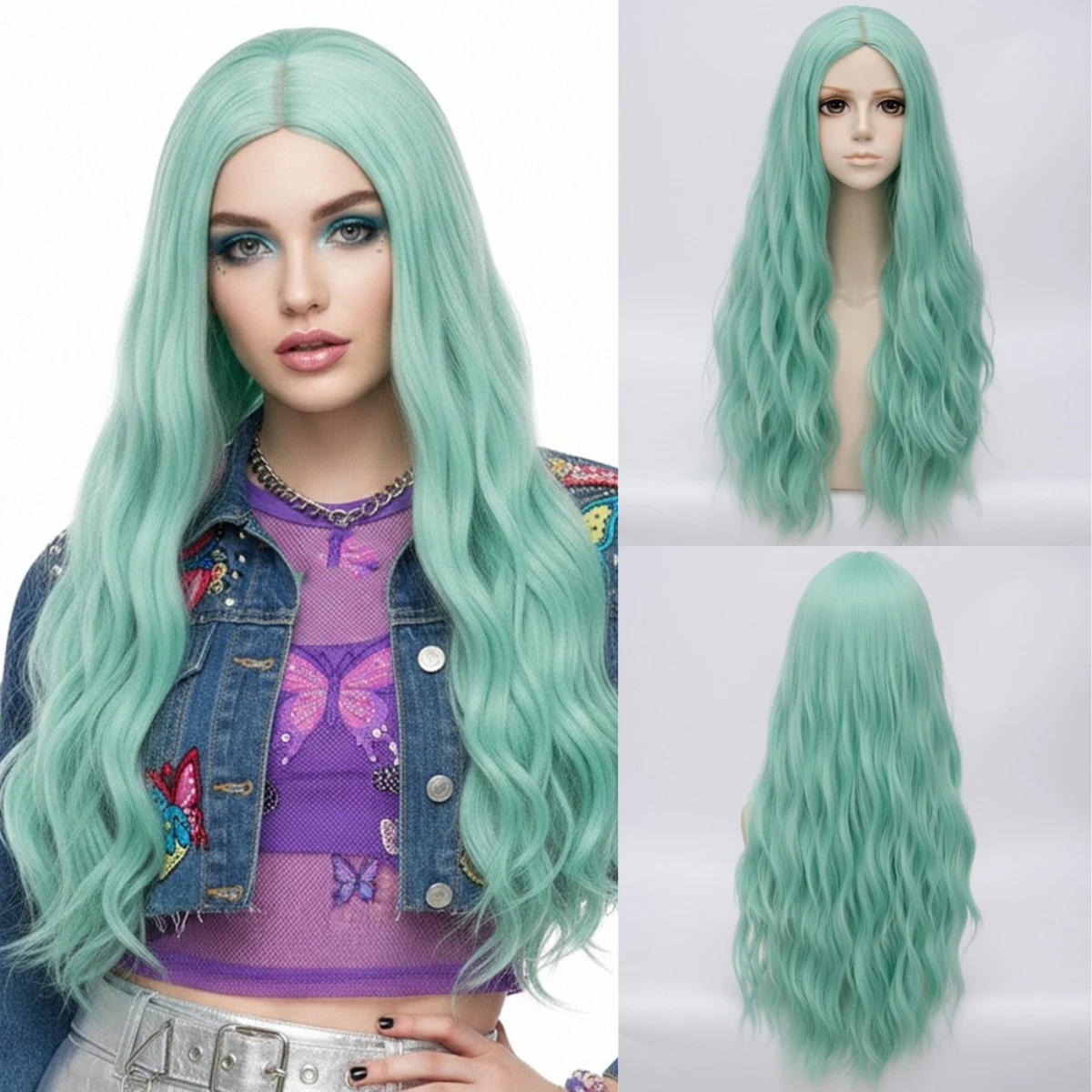 

Women's Synthetic Hair Wigs Light Green Long Wavy Curly Wigs Middle Part Wig For Cosplay Party Heat Resistant Fiber