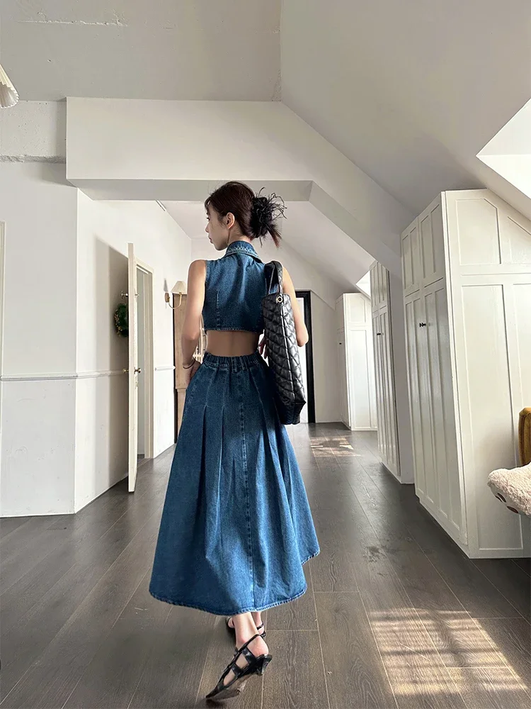 Chique En Elegante Eendelige Jurk Met Split Uitgesneden Blauwe Jean Vrouwen Zomerjurk Mouwloze Denim Minimalistische Kleding