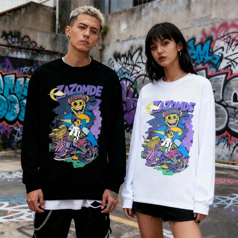 

ZAZOMDE Мужская и женская свободная уличная футболка с длинными рукавами в американском стиле, дышащая хлопчатобумажная ткань, винтажный мультяшный принт на осень