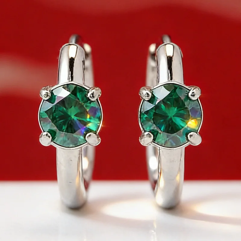 

1 Pair 0.5Carat Fashionable and Sparkling Round Cut Green Moissanite Circular Ear Stud Earrings.