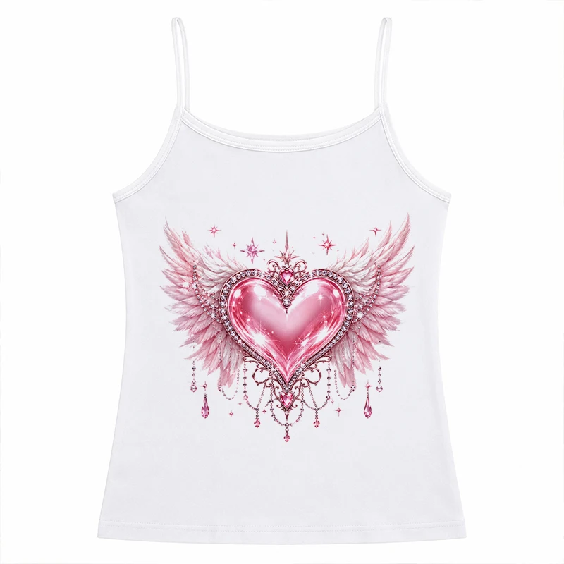 Pink Heart Shape Graphics Print Casual White Sleeveless Cami Top Women Fashion Crop Tops Ladies Fitness Camisole Summer Vest Y2k