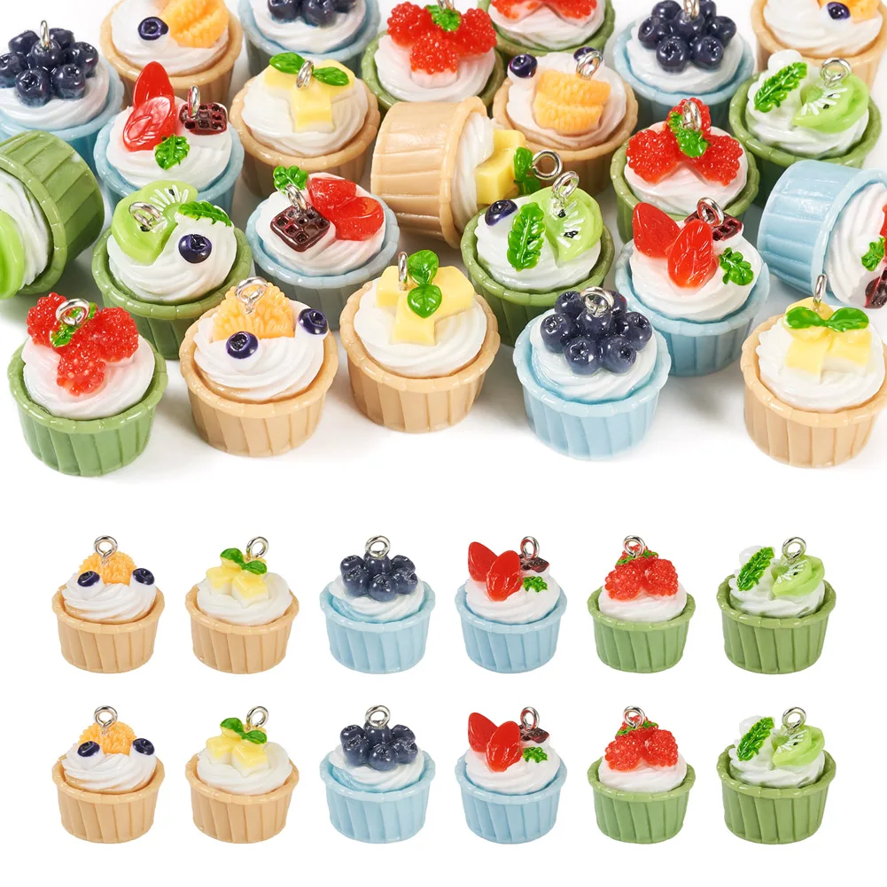 24Pcs Cupcake Charms Strawberry Blueberry Mango Fruit Cake Pendants  for Earring Bracelet Necklace Keychain Jewelry Making