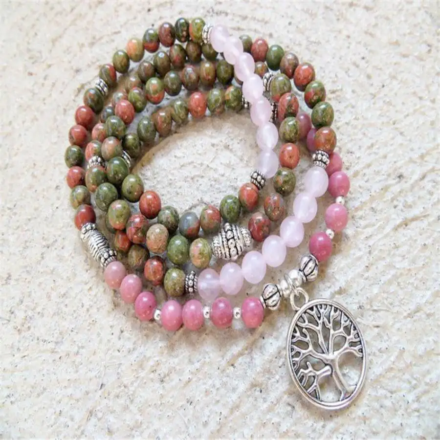 

6mm Epidote Rose Quartz Gemstone 108 Beads Mala Bracelet Bead Meditation Mala Chaplet Tibetan Jewelry Natural stone Yoga