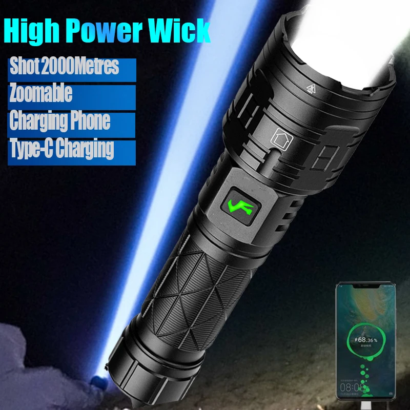 5000 Meters Long-Range Tactical White LED Flashlight 500000LM High-brightness Type- C USB Rechargeable Searching Spotlights Lamp