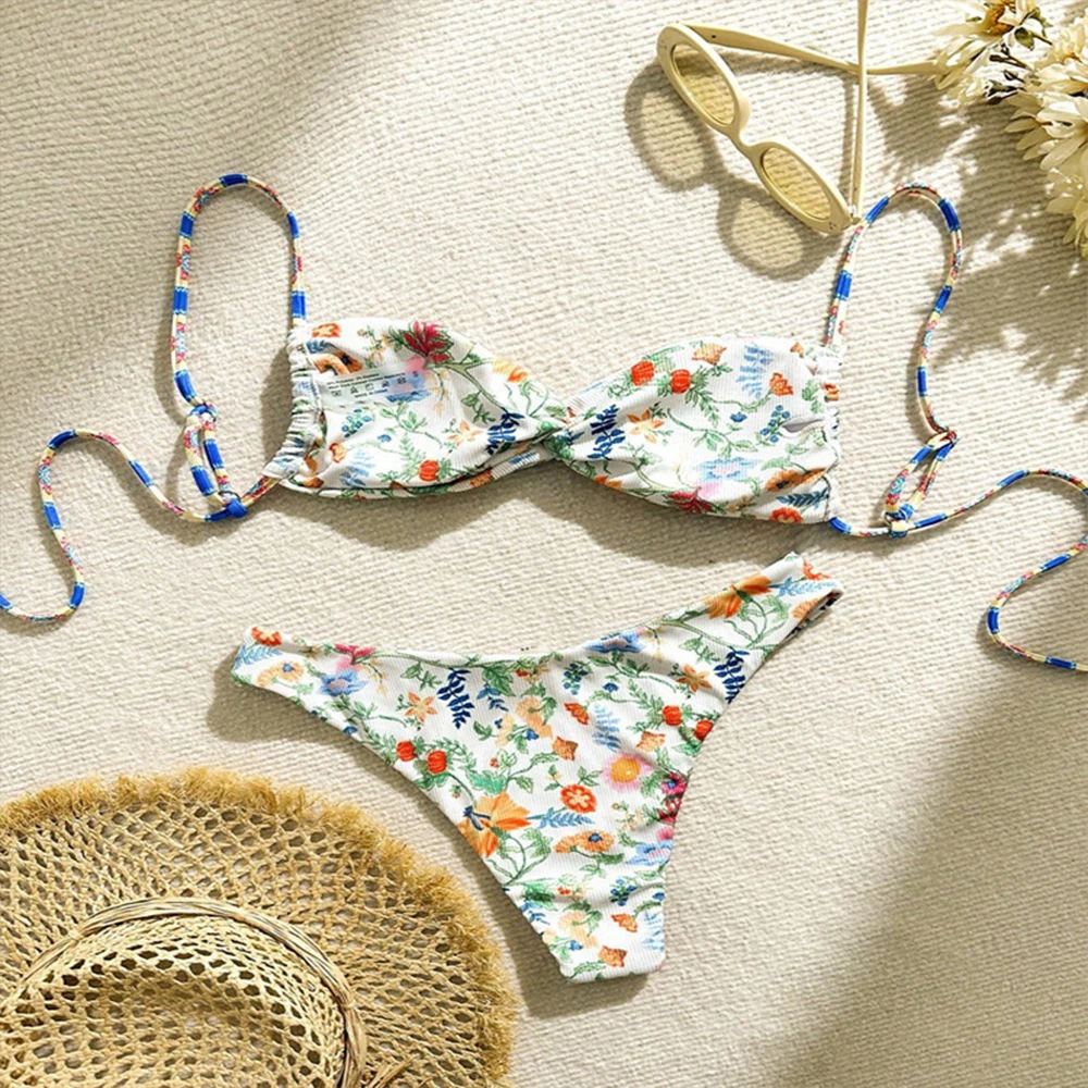 

Summer Sexy Floral Tie Details Bikini Swimsuit Fashionable Beachwear Cute and Comfortable Casual Surfing Style Withchest Cushion