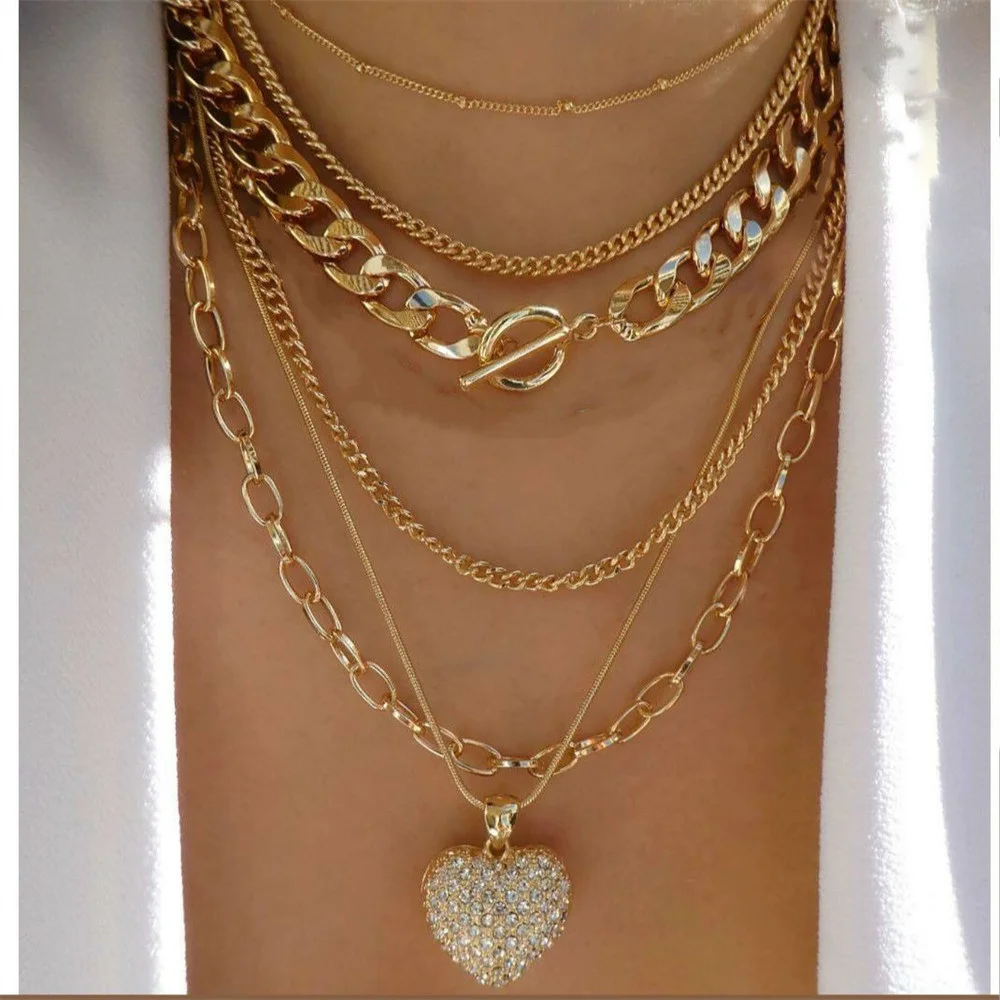 Fashion Punk Exaggerate Chain Crystal Heart Shaped Pendant Multilevel Punk Necklace For Women Vintage Choker Wedding Jewelry