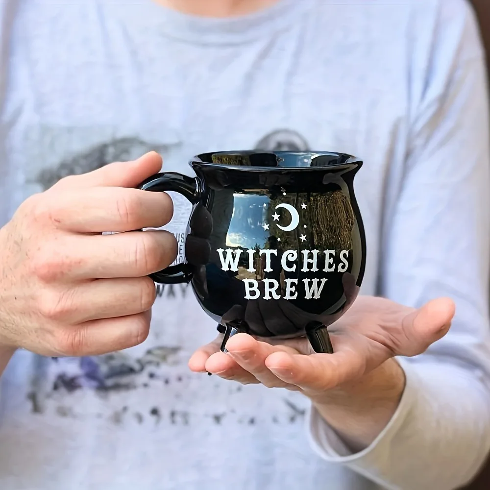 1pc Ceramic Mug Black Witch Brewing Pattern Mug Ceramic Spoon Witch Coffee Cup Halloween Birthday Witch Table Beverage Adult Fem