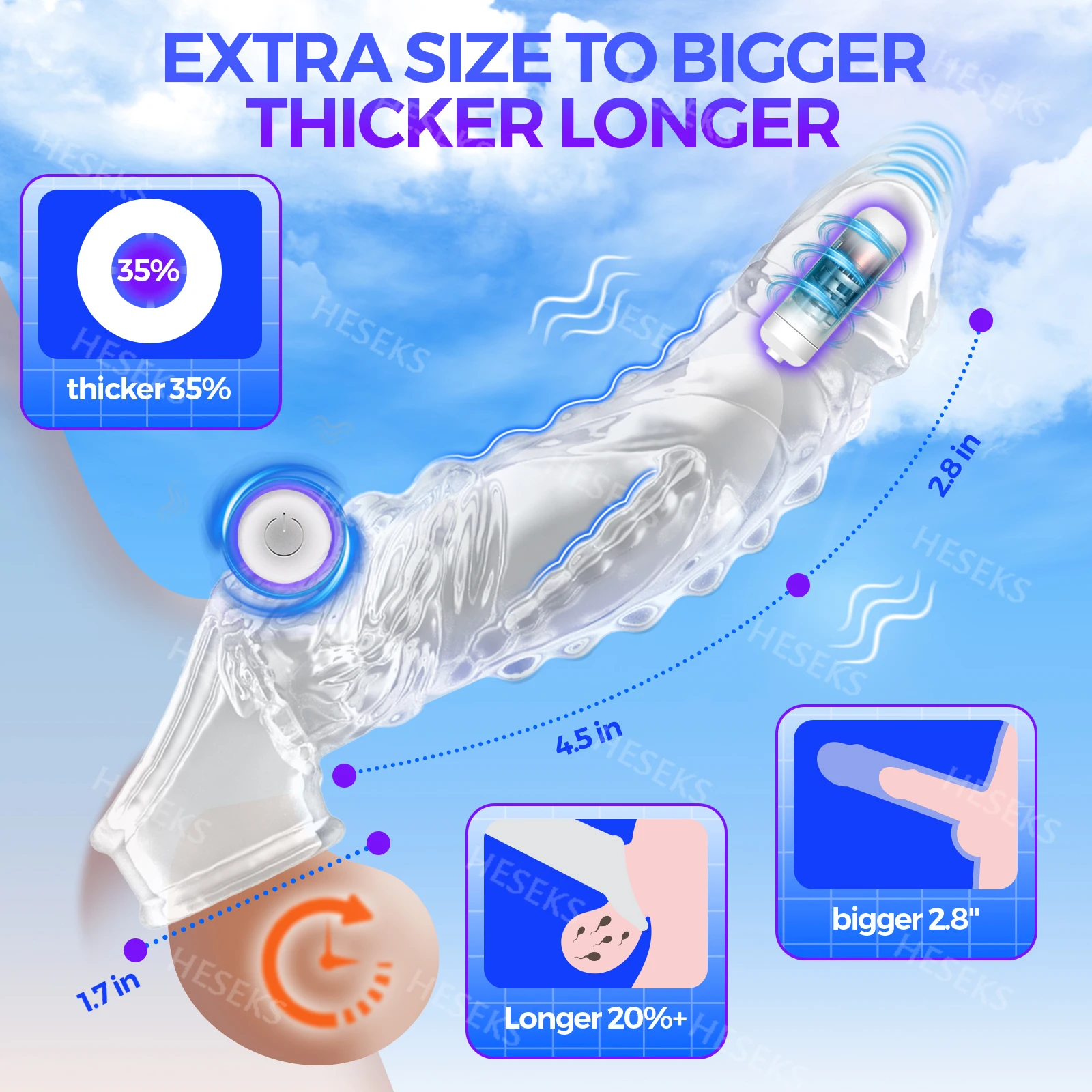 HESEKS Reusable Penis Extend Sleeve with Vibrator Dick Enlarger Dildo Enhancer Delay Ejaculation Cock Rings Sex Toys for Men 18+