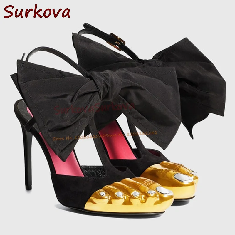 Bowknot Gold Toe High Heels Black Suede Buckle Strap Pumps Sandals Summer Fashion Catwalk Luxury Women'S Shoes Pumps Gladiator