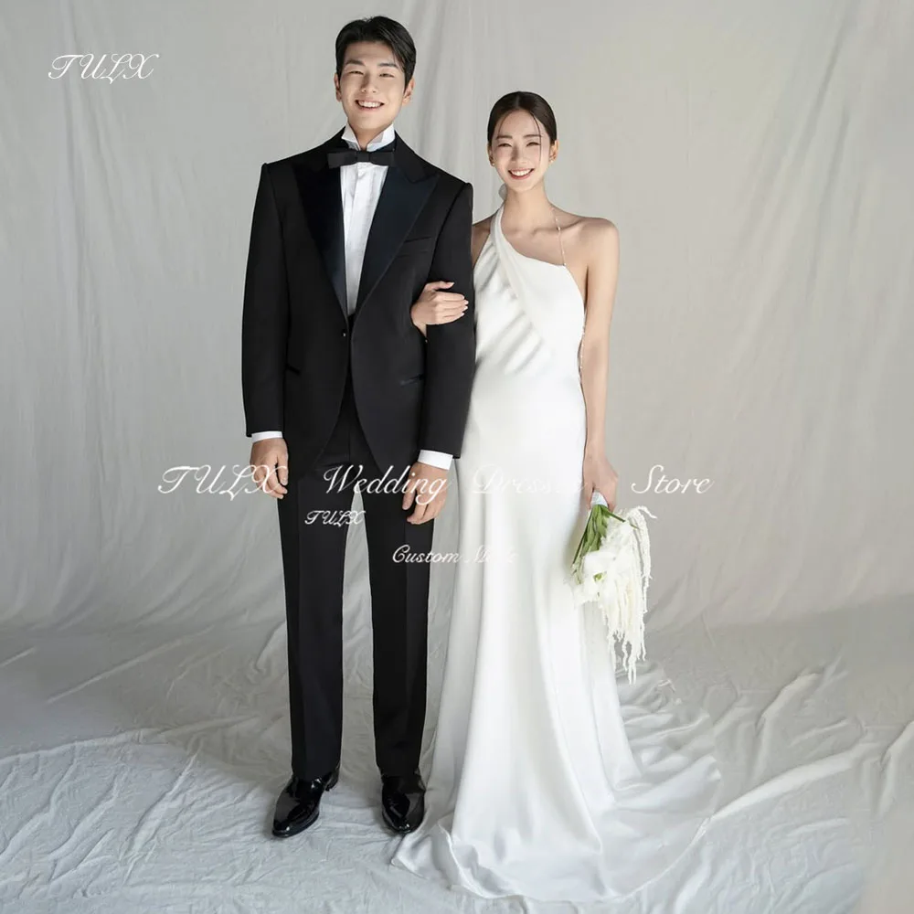 

TULX Elegant Mermaid Ivory Satin Wedding Dress Korea Photo Shoot Halter Sleeveless Floor Length Bridal Gowns 웨딩드레스 Customized