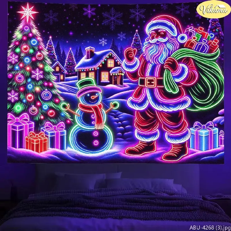 VIKAMA Neon Style Christmas Tapestry, Christmas Santa and Snowman Pattern Hanging Cloth, Christmas Party Home Decoration