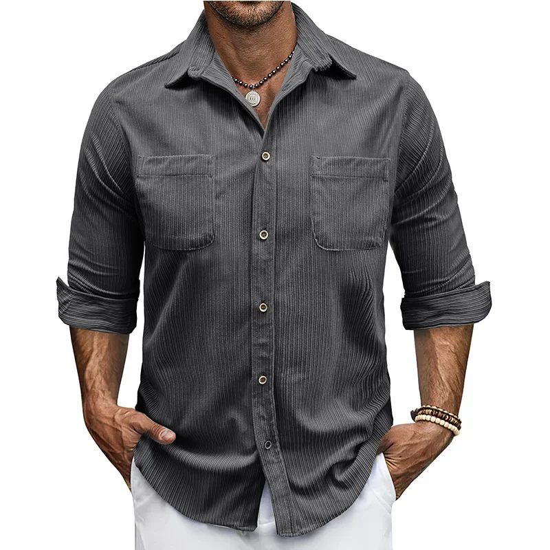 2025 Autumn Winter Fashion Men's Basic Turn-down Collar Long Sleeve Casual Trendy Solid Color Corduroy Shirts Male Clothes Tops
