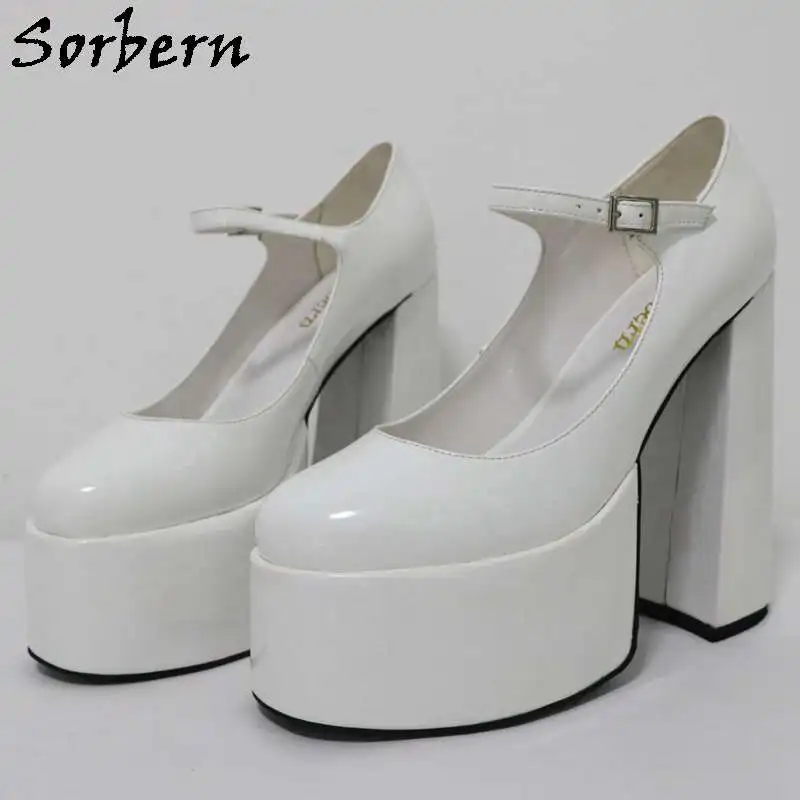 Sorbern White Shiny Mary Jane Women Pump Shoes Block High Heels Thick Platform Pump Shoes Buckles Custom Colors