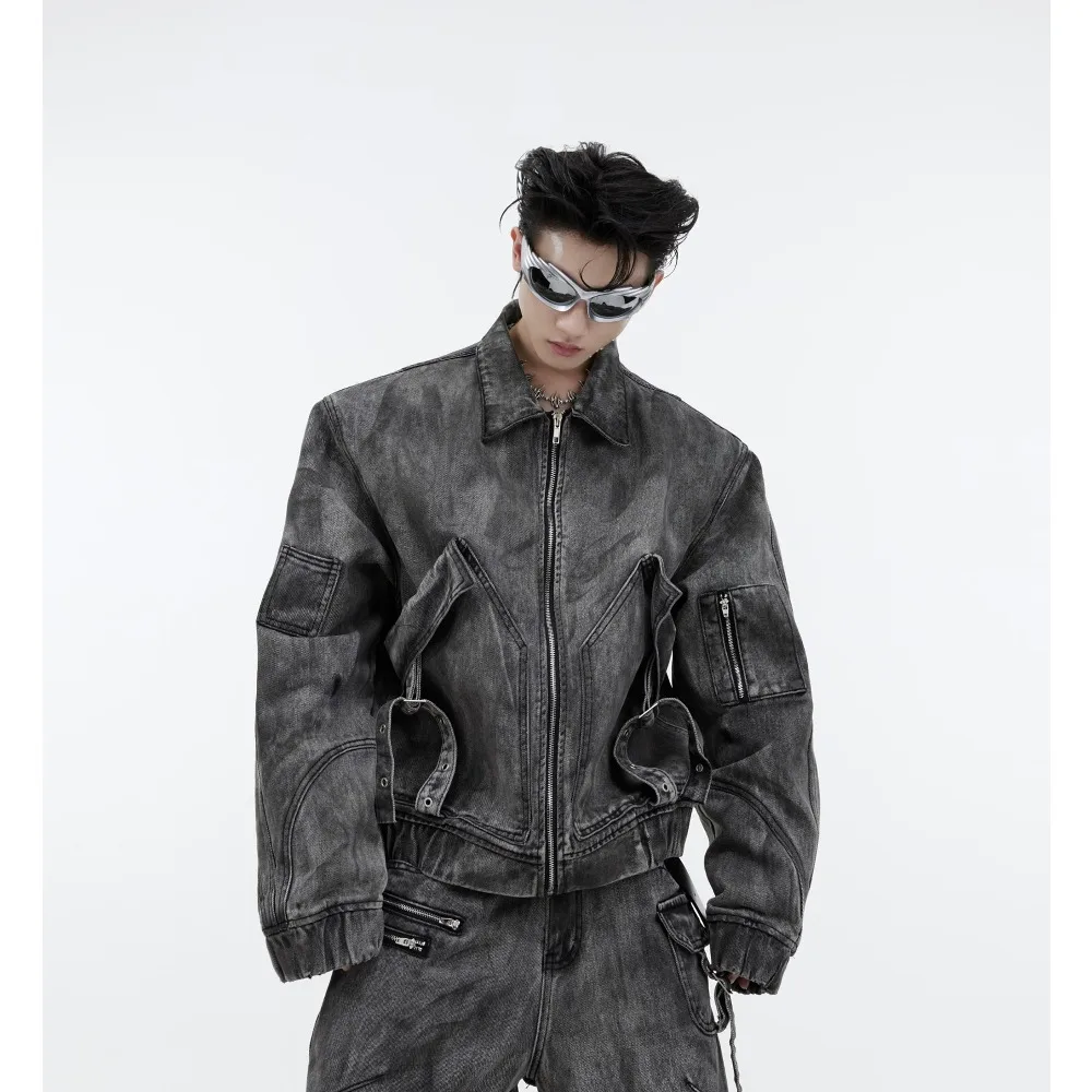 

2025 Autumn New American Vintage Denim Men's Jacket Fashion High Street Hip-hop Punk Jackets for Men Coats and Cargo Jeans Y2k