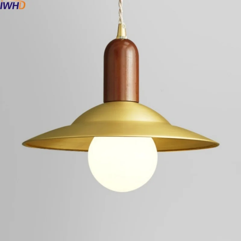 

IWHD Copper Wood LED Pendant Lamp Living Dining Room Bedroom Nordic Modern Hanging Light Fixtures Lustre Pendente