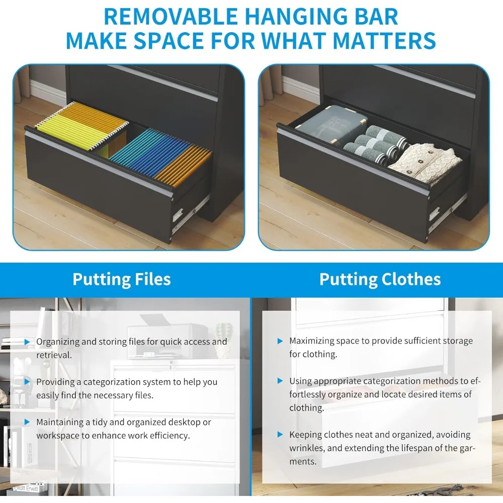 Black Metal 5-Drawer Wide Lateral File Cabinet with Lock for Home Office, Secure Steel Filing Cabinet for Letters and Documents