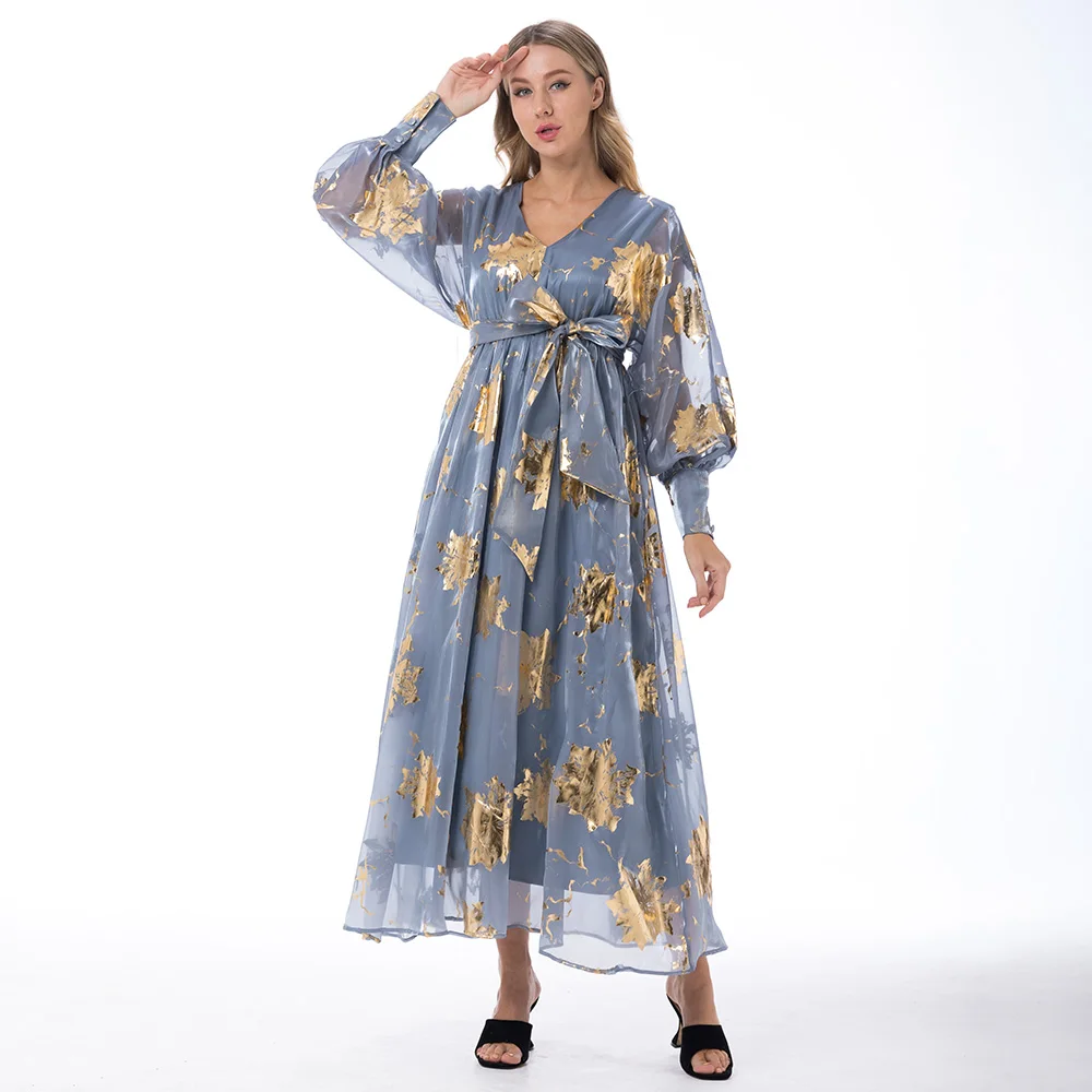 

2022 Roken Evan Women Organza Dress Luxury Muslim Abaya Kaftan Dress Light Blue Hot Stamping Party Wedding Long Dress