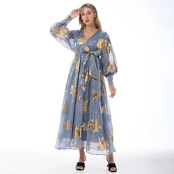 2022 Roken Evan Women Organza Dress Luxury Muslim Abaya Kaftan Dress Light Blue Hot Stamping Party Wedding Long Dress