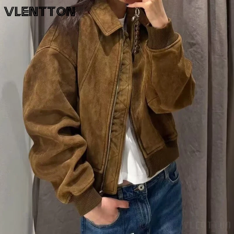 Women's Suede Zip-Up Jacket Coat with Pockets - Spring/Fall