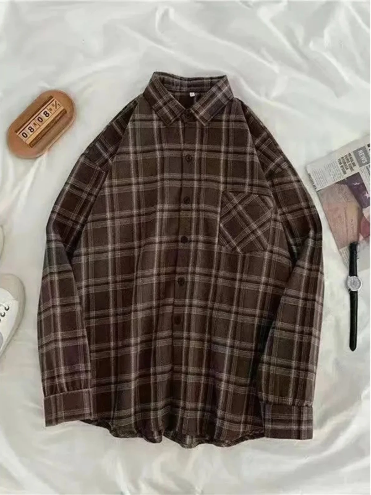 

Casual Loose Long Sve irt Street Sle Loose Fit Collared Long irt Women's Faion Spring Season Plaid Pattern Button ...