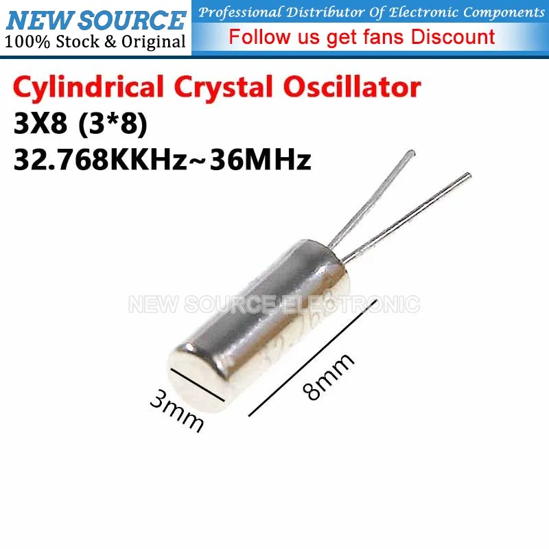 (10pcs) 32.768K Cylindrical Crystal Oscillator 3*8mm  40K 75K 3.6864M 4M 4.9152M 6M 8M 10M 12M 24.545M 28.375M 36M Hz
