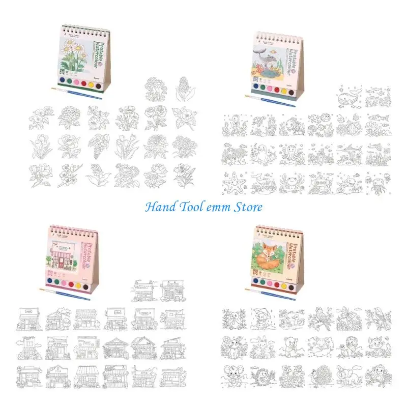 

H37F Children Painting Notebook with Paint and Brush Twin Coil Binding Watercolor Drawing Pad for Artist Kid Travel Sketching