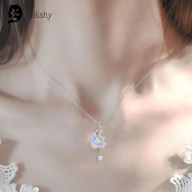 Necklace Artificial Chokers Star Moon Moonstone Necklace Woman Planet Bridal Wedding Necklaces Link Chain Pendant Girls Jewelry