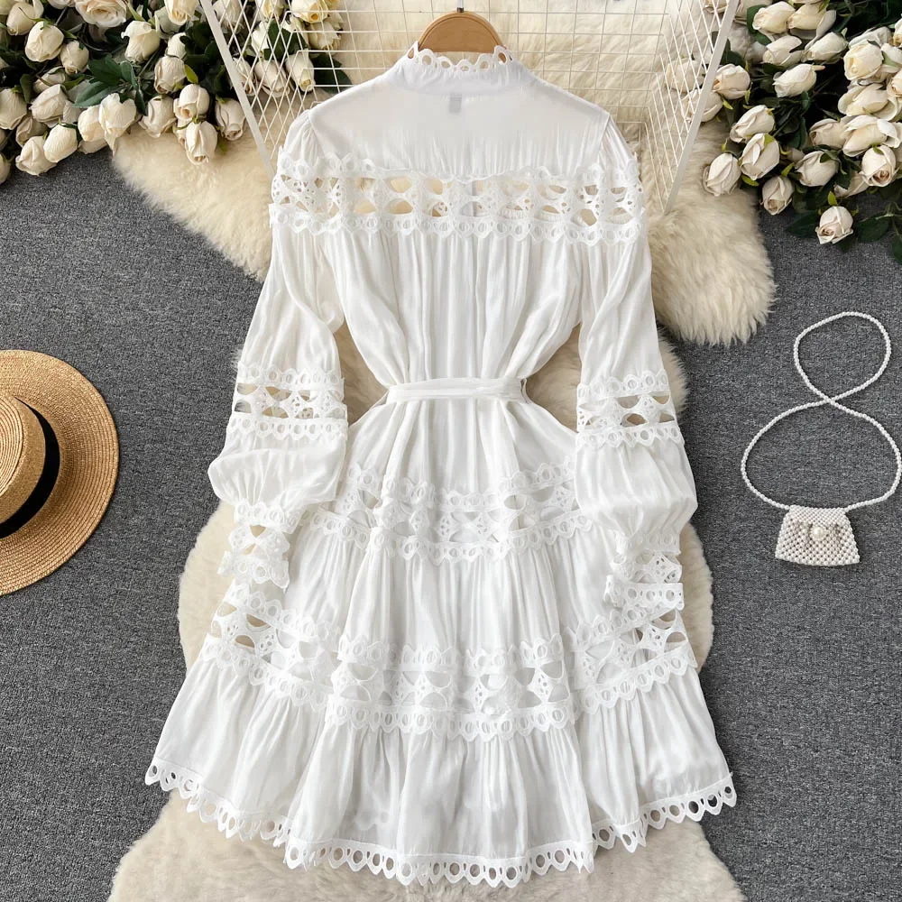 VIntage Folds Lace Hollow Out Lantern Sleeves Long Sleeves Single Breasted Dress Casual Women A-LINE  Fashion Autumn Dress