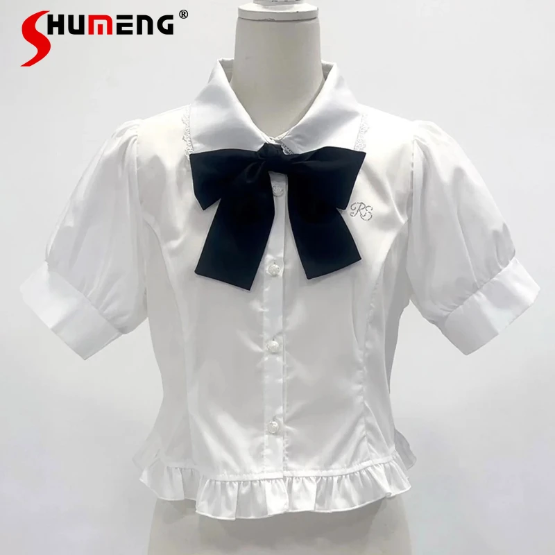 

Summer New Versatile Solid Color Shirt Short Sleeves Top Japanese Lolita Sweet Bow Tie Ruffled Blouse Single-breasted Y2k Blusas