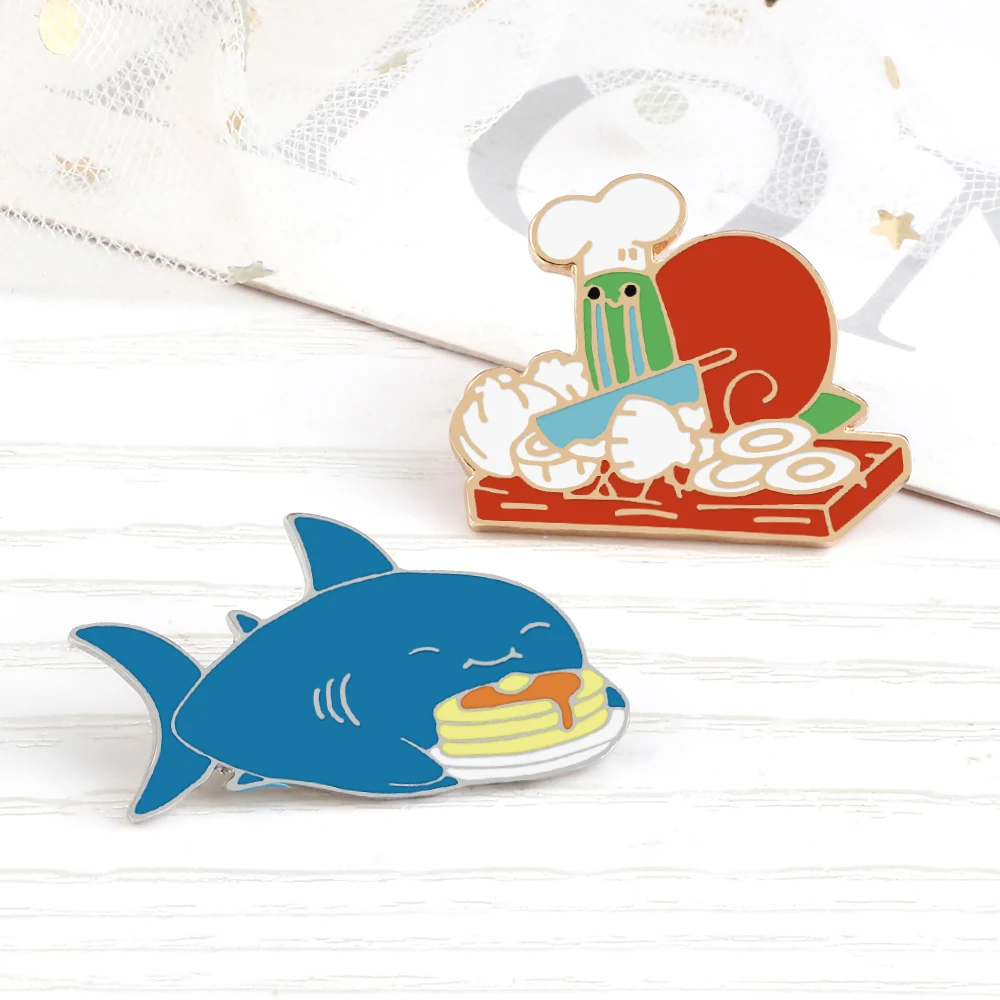 Cartoon Animal Brooches Blue Eating Cake Shark Onion-Cutting Snail Enamel Pin Women Men Lapel Pin Badges Jewelry Gift Wholesale