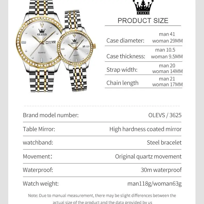 OLEVS Couple Watch Luxury Brand Business Waterproof Stainless Steel Watch Elegant Dress His or Her Diamond Quartz Couple Watch