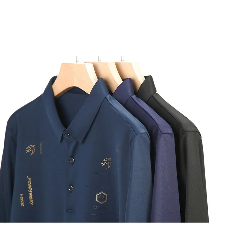 Spring and Autumn Men's Pullover Polo Button Solid Printing Rhinestone Long Sleeve T-shirt Polo Bottom Fashion Formal Tops