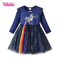 VIKITA Girls Licorne Sequins Appliqued Dress Kids Long Sleeve Autumn Spring Dresses Girls Birthday Party Mesh Princess Vestidos
