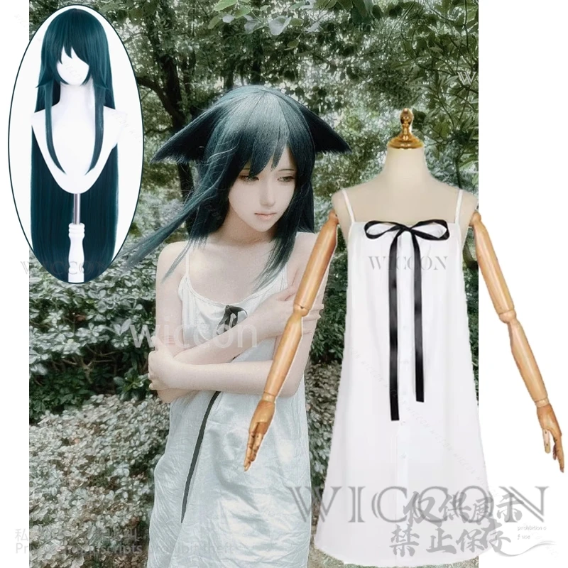 Anime Game The Song Of Saya Japanese Saya Cosplay Costume White Dress Lolita Cos Dark Green Long Wigs Halloween Party Tentacles