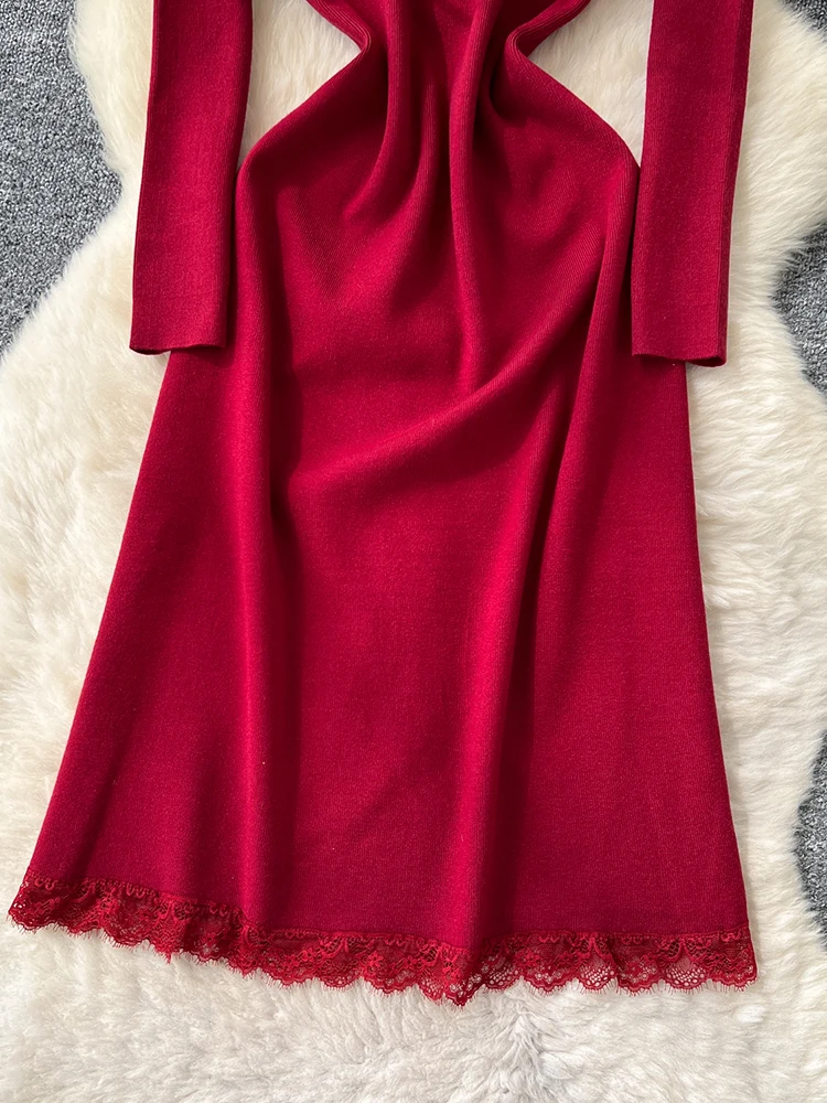 Vrouwen Franse Jurk Gebreide Herfst Winter O-hals Lange mouwen Knop Elastisch Eenvoudig Ontwerp Mid-lengte Vrouwelijke Vestidos DS214