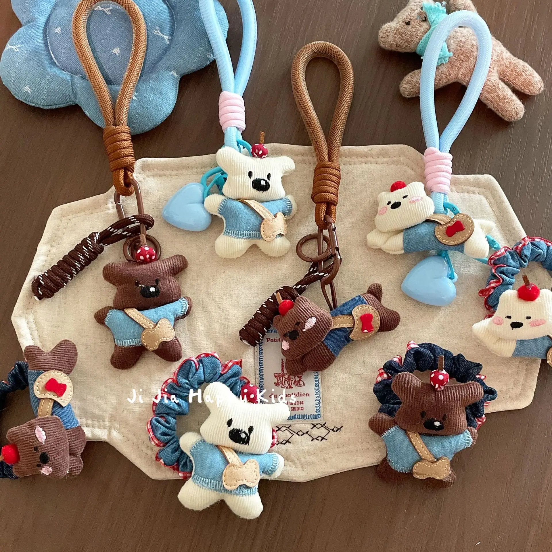 Bear Keychain Charm with Denim Dog Scrunchie Cute Soft Durable Versatile Bag Pendant Hair Scrunchie for Backpack Suitcase Phone