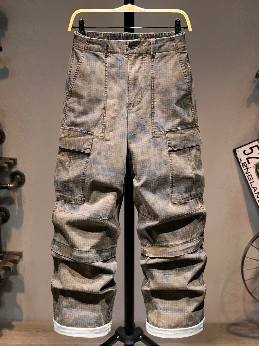 

Повседневные камуфляжные рабочие брюки для мужчин, свободные прямые брюки в американском стиле, с эластичным поясом, модные и стильные