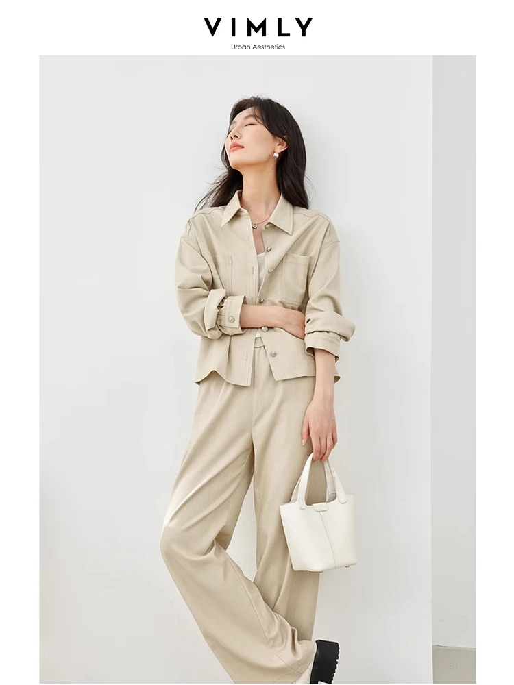 Vimly Two Piece Sets Womens Outifits Lapel Shirt Coat Elastic Waist Baggy Pant 2024 Spring Office Lady Casual Matching Set M3995