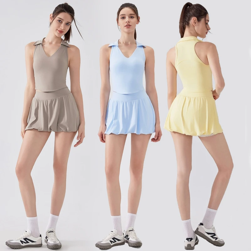 

Женская летняя короткая спортивная одежда из двух предметов, комплект для фитнеса и йоги, дышащий уличный костюм для бега, женская теннисная юбка, спортивная одежда